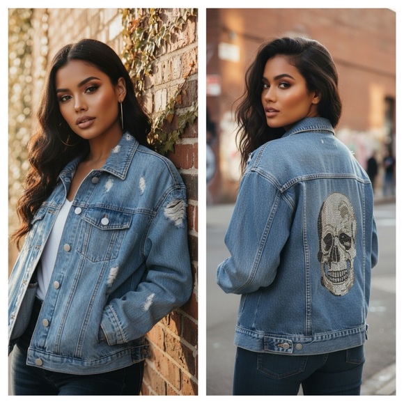 Hipchik Couture Skull Crystal Distressed Blue Denim Jacket Cotton Casual Size M - Picture 12 of 12